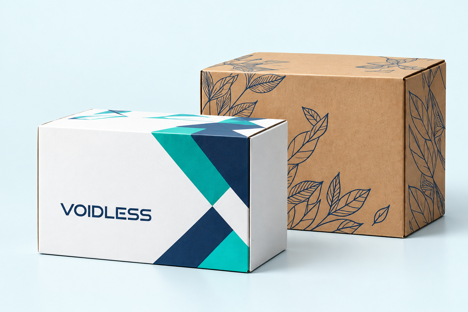 Custom boxes with the Voidless logo, geometric graphics and botanical prints
