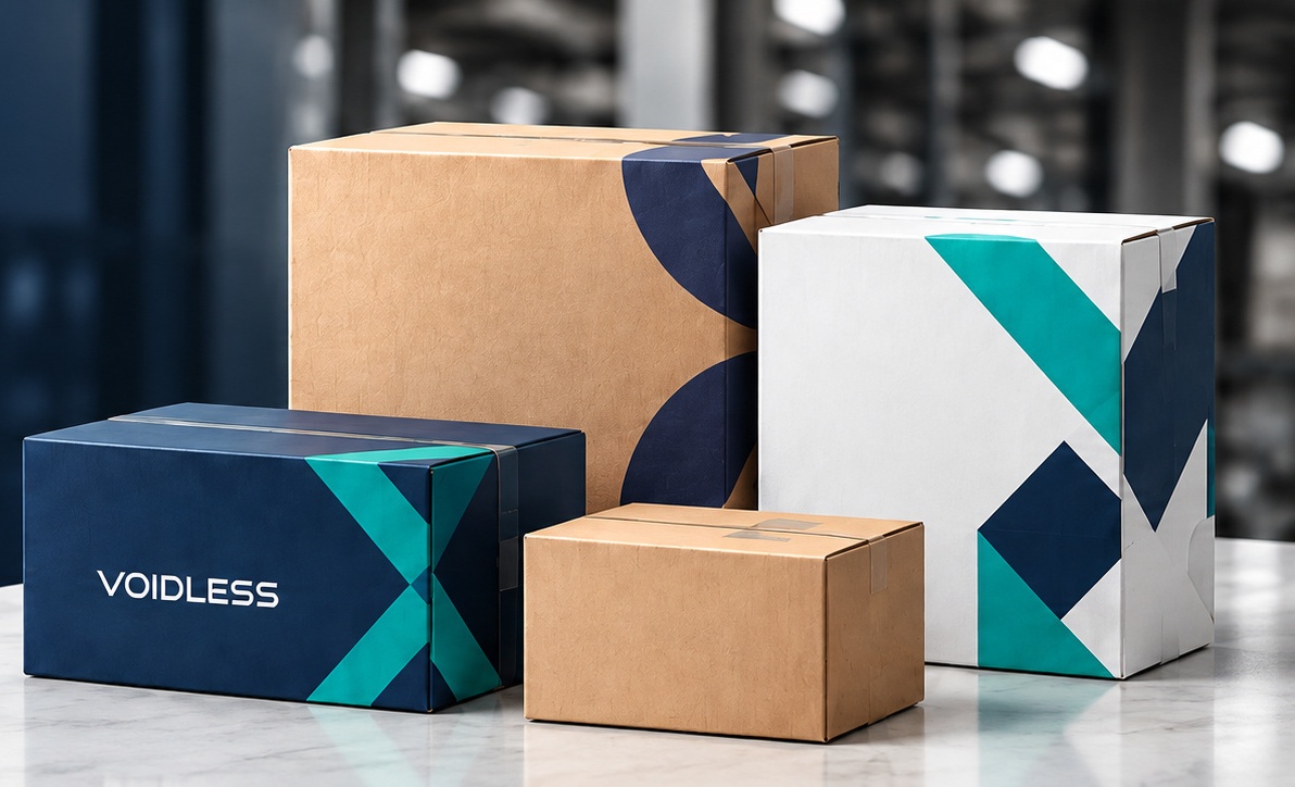 Custom Voidless boxes in brown, white and navy cardboard